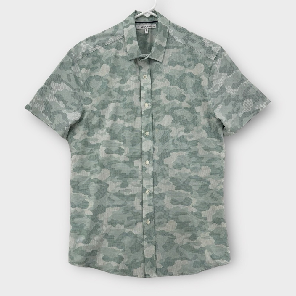 Vince Camuto Shirt Mens Medium Camouflage Button‎ Up Green Polyester Stretch